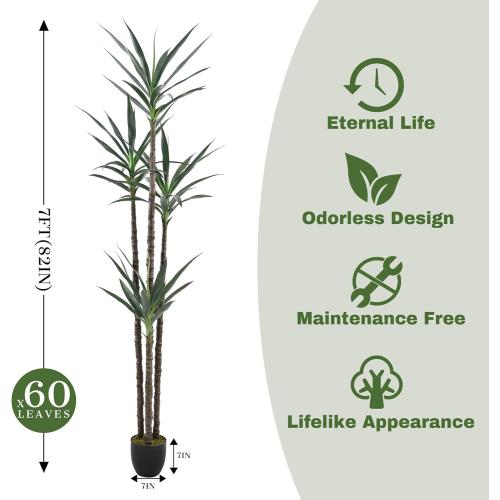 Artificial Tree 7ft Faux Agave Plant with 60 Leaves and 4 Realistic Trunks,Fake Floor Potted Artificial Tall Plants for Home Office Garden Decor Indoor (7Feet,1Pack)