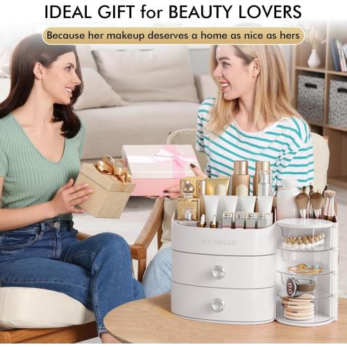 Makeup Organizer Countertop with Drawers, Make up Organizers for Vanity, Skincare Jewelry Earring Organizers, Cosmetic Display Cases Makeup Storage for Bedroom & Bathroom, Ideal Gifts for Women(White)