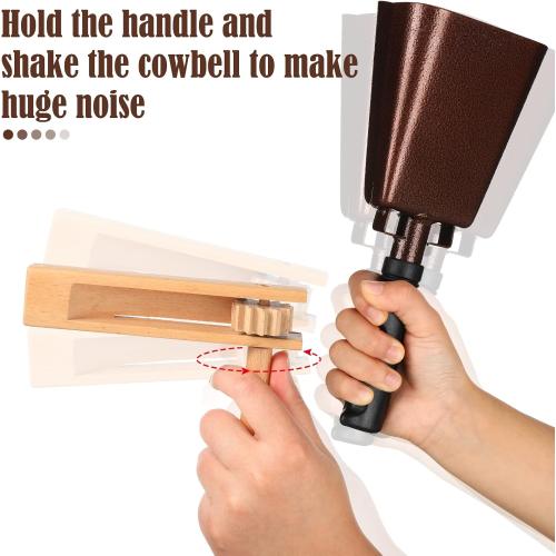 Nuanchu 10 Inch Cowbell Noise Makers for Sport Event Steel Cowbell with Handle and 2 Pcs Wooden Spinning Rattle Ratchet Traditional Matraca Toy Cheering Bell for Baseball Game Party Sport Drum(Brown)