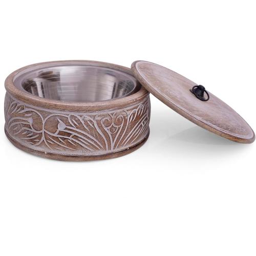 Handcrafted Wooden Mexican Tortilla Warmer Basket Indian Chapati Roti Bread Holder Box Pancake Keeper Serveware Hot Pot Casserole Dish With Lid Home Kitchen Dining Decor, Natural Brown, 9 x 3.5 Inches