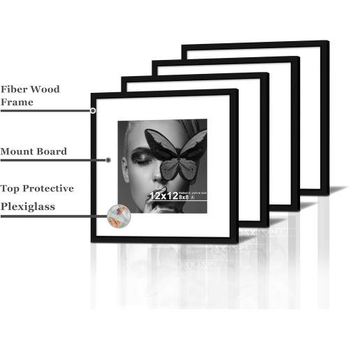 Art Street Synthetic Document Large Size Wall Photo Frame, Set Of 4 Big Frames For Wall Artwork, Certificates, Picture & Photographs Home Decor (12x12 Inch, Matted To: 8x8 Inch, Black)