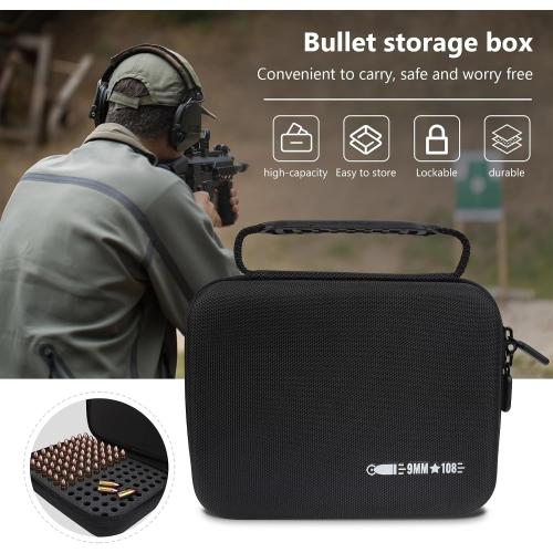 108 Round 9MM Ammo Case, Ammo Storage Box Compatible with 9mm Luger, 9mm Parabllum, 9mm Makarov, .380 ACP, .32 ACP, .45 ACP, 30 Luger, 32 S&W, 40 S&W, Bullets Organize Case for 9mm (Black)