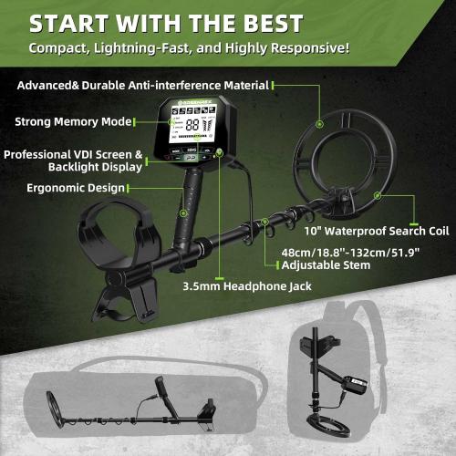 Metal Detector for Adults Professional, Waterproof Pinpoint, High Accuracy Gold and Silver Detection, Underwater and Beach Use, 10'' IP68 Coil, Bigger LCD, New Advanced DSP Chip, Black