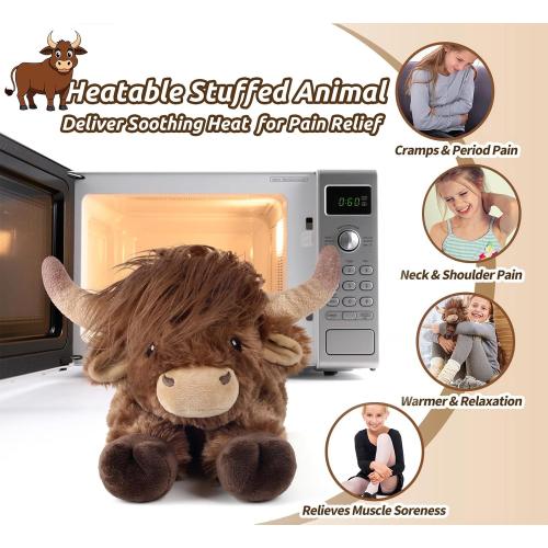 Highland Cow Stuffed Animals, Microwavable Stuffed Animal Adorable Fluffy Highland Cow Plush for Warmth Comfort, Heatable Coolable Lavender Scent Toy, Cute Soft Plushies Gift for Kid Boys Girl & Adult