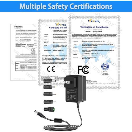 TKDY 24V 1.5A DC Power Supply Cord, fit for DC 24V 1.5A 1A 0.5A LED Light Strip, 24 Volt Light Diffuser, and More, 100-240V 50/60hz 36W 24W Power Adapter with 5 Tips (Not for Charging).