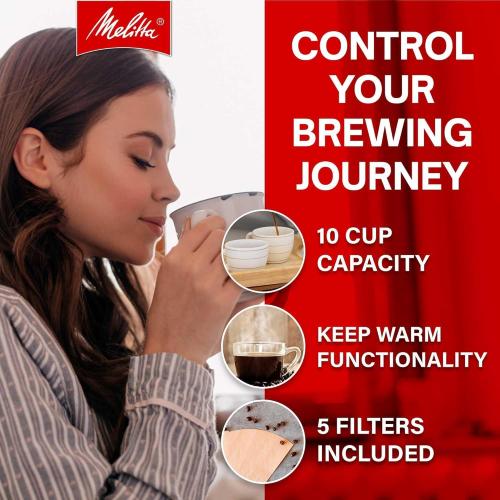 Melitta® Aroma Fresh™ Plus 10-Cup Coffee Maker with Built in Burr Grinder | Automatic Drip, Grind & Brew, 5-Pack Coffee Filters Included