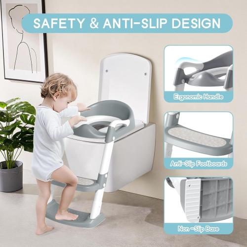 COOSEYA Potty Training Toilet with Step Stool Ladder, Toddler Kids Potty Training Seat for Boys Girls, Foldable Non-Slip Toilet Toddler Seat Splash Guard Soft Cushion Safety Handles (Grey)
