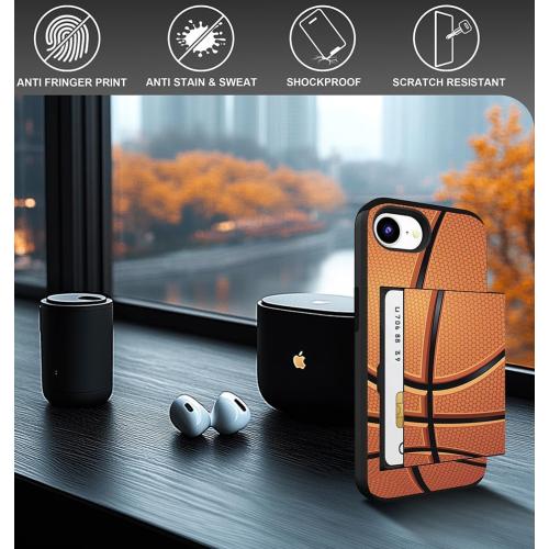 Compatible for iPhone 16e Case with Card Holder Cute - Kawaii Design Military-Grade Drop Protection Rugged Wallet Cases for Women (Black Basketball Sports)