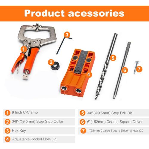 Pocket Hole Jig System Kit, Pocket Screw Jig with 11 Inch Clamp, Square Driver Bit, Hex Wrench, Depth Stop Collar, Step Drill Bit, Coarse Square Driver Screws, All In One for Joinery Work