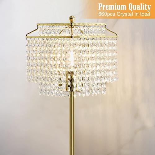 Luvkczc Gold Crystal Floor Lamp, 64 Tall Elegant Standing Lamp with On-Off Foot Switch, Double-Layer Lampshade, Standing Floor Lamps for Living Room, Bedroom, Office, 8W LED Bulb Included