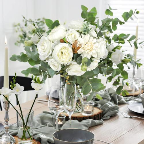 AmyHomie Ivory Artificial Flowers Combo Silk Mix Peony Rose Hydrangea Fake Flowers w/Stem for DIY Wedding Bouquets Centerpieces Arrangements Table Fall Decor Party Bridal Baby Shower Home Decorations