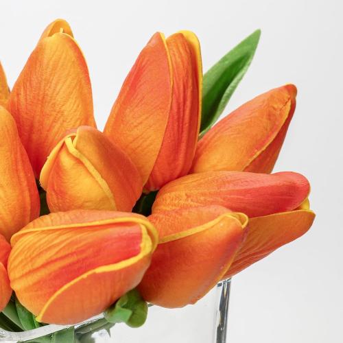 DILATATA Artificial Orange Tulips in Vase with Faux Water 5.5 Real Touch Flowers Fake Tulips Small Flowers Arrangement in Cube Glass Vase for Mother's Day Table Centerpiece Wedding Home Decor