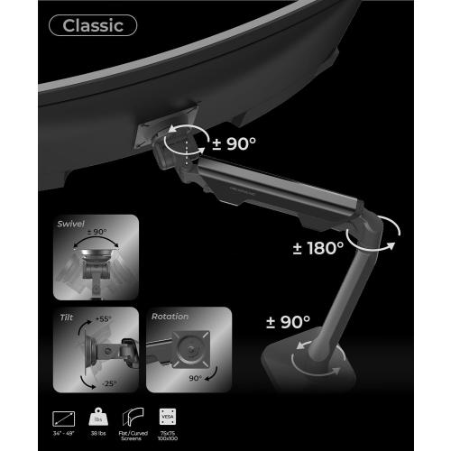 Heavy Duty Monitor Arm Desk Mount for 34-49 Inch Ultrawide Curved Monitors, Supports 14-38 lbs, Gas Spring Ergonomic Full Motion with Cable Management, Red Dot Design Awarded, White