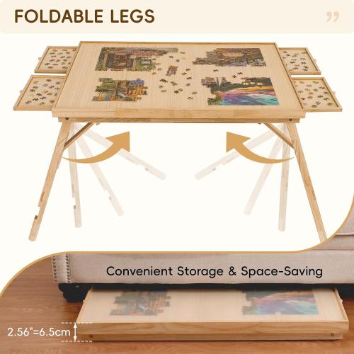 TEAKMAMA 27.6 H Tall 2000 Piece Puzzle Table with Legs, 41 W x 28.5 D Large Wood Folding Jigsaw Puzzle Board with Cover for Adults, 4 Drawers, Nature
