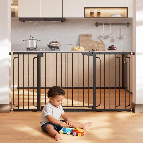 Cumbor 36.6-64 Extra Wide Baby Gate for Stairs, Dog Gates for Doorways, Auto-Close Pet Gate Indoor, Pressure Mounted Walk Through Safety Child Gate for Kids Toddler, Tall Pet Puppy Fence Gate, Black