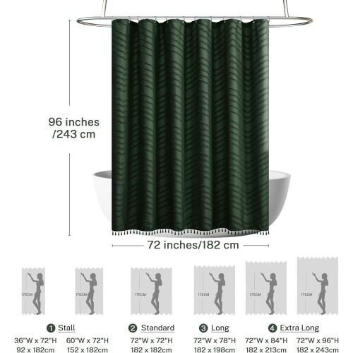 Extra Long Dark Green Boho Shower Curtain with Tassel, Woven Fabric 96 in Shower Curtain, Tufted Chevron Striped, 72 x 96, Modern Chic Textured Minimalist Bathroom Shower