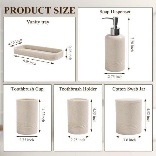 Bathroom Accessories Set, 6-Piece Bathroom Accessory Set, Toothbrush Holders Set, Soap Dispenser, Vanity Tray, Tumbler, Cotton Swab Jars, Bathroom Organizer for Modern Bathrooms(Beige)