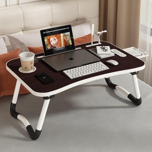 Portable Laptop Stand for Bed with Cup Holder, USB Fan, Night Light，Storage Drawer, Foldable Legs, Tablet Stand for Bed Sofa (Black Brown)