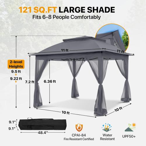 COOS BAY 11x11 Pop Up Gazebo with Mesh Netting, Instant Outdoor Canopy Tent, Water Resistant Shelter with UPF 50  UV Protection, 121 Sq Ft Coverage, Dark Gray