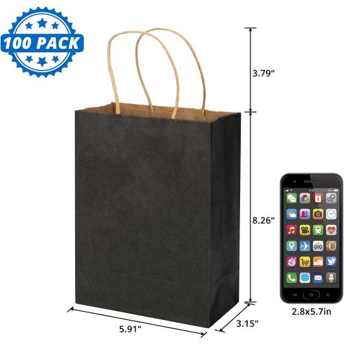 COLOR PINK ❗ ❗ HavrePac 100 Pack 5.9x3.15x8.26 inch Small Gift Bags, Kraft Black Bags with Handles Bulk for Birthday Party Favors,Gift Paper Bags,Retail Shopping Business Goody Craft Gift Bags
