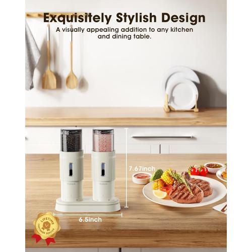 Upgraded Larger Capacity Electric Salt and Pepper Grinder Set, Rechargeable Salt and Pepper Grinder Set with Charge Base, Adjustable Coarseness, Efficient Kitchen Gadgets, Beige
