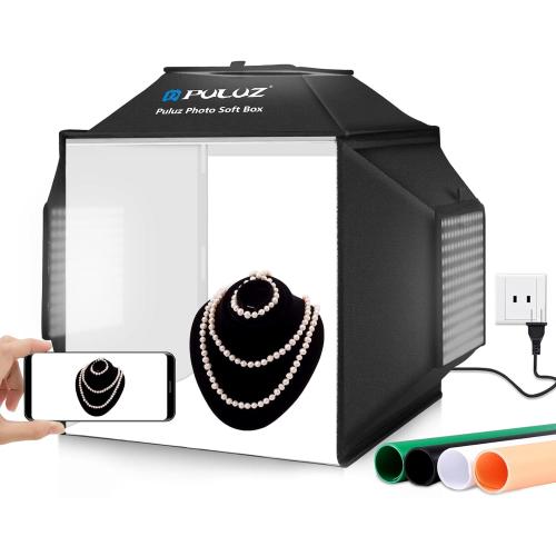 PULUZ 16''x16'' Photo Studio Light Box, Upgraded Photo Box Soft Box Integrated Portable Light Box Photography with Hight CRI 480 LED Lights & 4 Color Backdrops for Product Photography