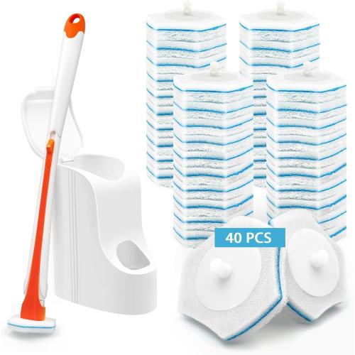 Color Orange JEHONN Disposable Toilet Bowl Cleaner Wand with 40 Cleaner Refills, Wall Mounted Long Handle Compact Bathroom Scrub Brush Holder Set for Sink Bathtub Wash Basin Mop Pool (Orange)