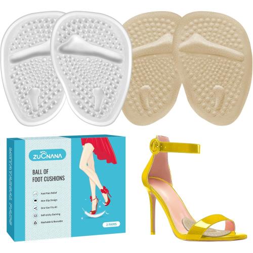 Ball of Foot Cushions, Metatarsal Pads Women (2 Pairs), Non-Slip Heel Inserts for Women, Gel Heel Cushions for Foot Pain Relief and Comfort | One Size Fits Any (Beige & Clear)