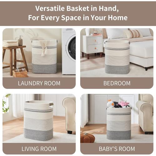 AINUOQI Laundry Basket with Handles - Blanket Basket & Hampers for Bedroom Aesthetic, Laundry Hamper & Blanket Storage for Living Room, Clothes Hamper, Tall, Large 17 x 14 x 22”, Grey & White