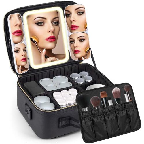 Mid-Size Makeup Bag with LED 1X5X10X20X30X Magnifying Mirror and Travel Makeup Train Case Cosmetic Organiser with Mirror and Separate Makeup Brush Panel, Portable Adjustable Divider, Black
