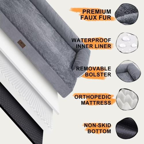 GREY Large Dog Bed Orthopedic Washable, Big Large XXXLarge Dogs, Orthopedic Grey Extra Dog Bed with Waterproof Cover and Removable Egg Foam, Couch Bed Bolster
