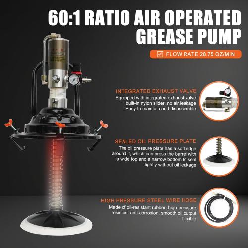 60:1 Portable Air-Operated Grease Pump for 5 Gallon Bucket, Grease Gun Coupler 2 PCS and 13 ft High Pressure Hose, 0.85L/Min, 34-48Mpa, Universal Fit, Vehicle Compatible (No Bucket)