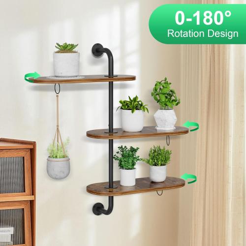 Rotating Window Plant Shelves with 3 Anti-slip Mats, 3 Tier Plant Stand Indoor Outdoor, Wooden Window Plant Shelf with 3 Circle Hook, Hanging Plant Holder for Window, Potted Plants, Flowerpots (Antique Color, 3 Tier)