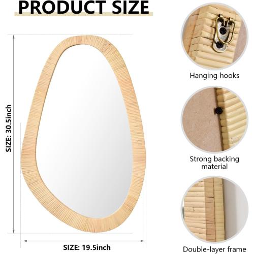 Rattan Mirror for Wall,30.5'' x 19.5 Wooden Framed Farmhouse Boho Wicker Coastal Irregular Vanity Mirror for Bathroom Living Room Entryway