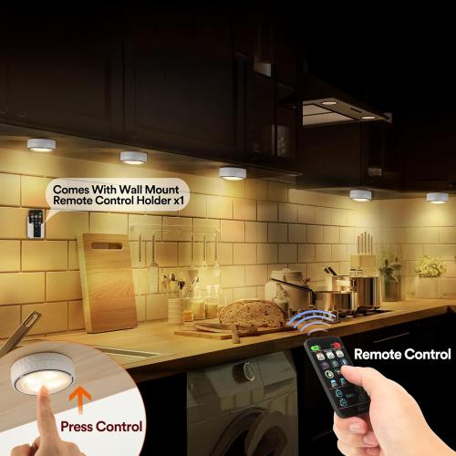 White 6 Pack Puck Lights with Remote Control, Battery Operated Wireless Under Cabinet Lighting, Stick on Tap Push Lights for Kitchen, Shelf, 6 Pack - White
