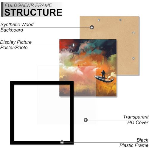 FULDGAENR 4x4 Picture Frame Set of 4, Black Frames for 4 x 4 Inch Photo Poster Certificate, High Transparency Wall/Tabletop Frame with Horizontal Vertical Display (4 Pack | Black | 4x4)