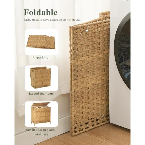 SETVSON Laundry Hamper with Lid 132 L, (35 Gallons) Clothes Hamper with Lid, Handwoven Rattan Laundry Hamper with Metal Heightened Feet, Laundry Hampers with 3 Removable Liner Bags for Laundry-Natural