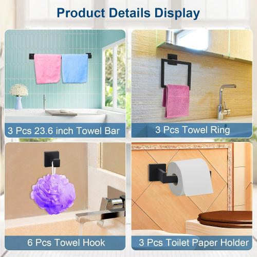 Set of 15 Pieces Color Black Bathroom Hardware Set, Matte Black Bathroom Accessories Set, Towel Racks for Bathroom, 23.6 Inch Bath Towel Bar Set Stainless Steel, Toilet Paper Holder Wall Mounted, Towel Ring, Towel Hook