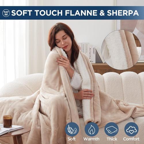 Westinghouse Electric Blanket Twin, Heated Blanket Twin Size with 10 Heating Levels and 1 to 12 Hours Heating Time Settings, Flannel to Sherpa Reversible, Machine Washable (62 x 84, Beige)
