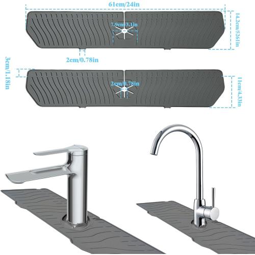 Kitchen Sink Splash Guard, 24in Silicone Faucet Mat Splash Catcher, Handle Drip Catcher Tray, Multipurpose for Kitchen Dish Drying Mats Sponge Holder and Bathroom Countertop Protect 2pk