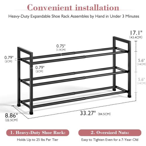 Bumusty 3-Tier Expandable Shoe Rack for Closet, 18“-33” Adjustable Shoe Rack for Small Space, Small Shoe Organizer for Front Door, Sturdy Metal, Black