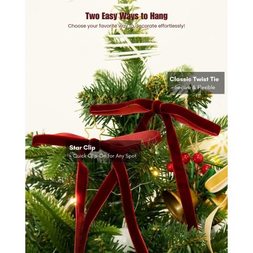 Velvet Christmas Tree Bows – 24 Pcs Holiday Bows (3/8 Wide, 5x7) with Star Clips – Easy Hanging for Tree, Wreath, Gifts & Décor (Burgundy)
