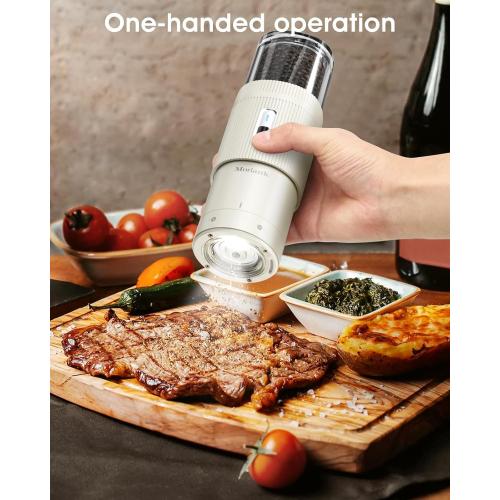 Upgraded Larger Capacity Electric Salt and Pepper Grinder Set, Rechargeable Salt and Pepper Grinder Set with Charge Base, Adjustable Coarseness, Efficient Kitchen Gadgets, Beige