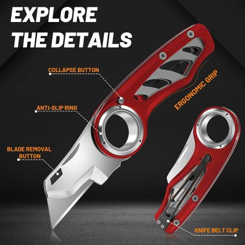 Folding Utility Knife Pocket Knife, Heavy-Duty Box Cutter with Aluminum Body, Quick Change Blades, Anti Slip Finger Loop, Box Cutter for Home, Office, Warehouse, Durable Razor Knife, Box Knife - Red