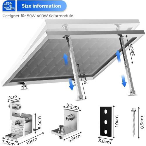 SILVER 2 Set Adjustable Solar Panel Tilt Mount Brackets Aluminum Alloy Mounting Bracket Stand Systems Support 50W 70W 100W 150W 200W 300W 400W Panels for Roof/Boat/Flat Surface