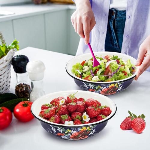 Lawei Set of 2 Enamel Bowl, 4 Quart Large Enamel Salad Serving Mixing Bowl with Black Rim, Vintage Enamelware Plate Dish for Fruit Salad Pasta Soup Dinner, Round Dough Making Bowl Washing Basin, 12in