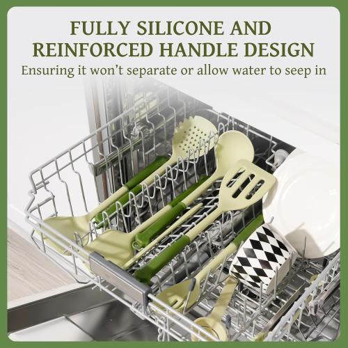 Kikcoin 43Pcs Kitchen Utensils Set - Silicone Cooking Utensil Set, Dishwasher Safe Spatula for Non-stick Cookware, 446°F Heat Resistant Kitchen Gadgets with Holder BPA Free, Avocado Green