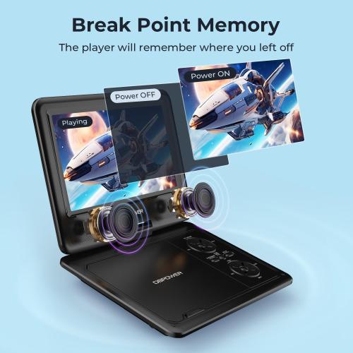 DBPOWER 11.5 Portable DVD Player, 5-Hour Built-in Rechargeable Battery, 9 Swivel Screen, Support CD/DVD/SD Card/USB, Remote Control, 1.8 Meter Car Charger, Power Adaptor and Car Headrest (Black)