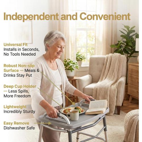 Walker Tray for Folding Walker with Cup Holders, Non-Slip Mat & Bag - Adjustable Universal Plastic Food Table for Seniors - Detachable Guardian Accessories - Removable Walker Trays for rolling walker