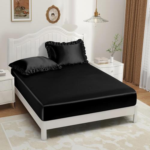 P Pothuiny 3-Piece Set Ruffle Satin Pillowcases & Twin Fitted Sheet